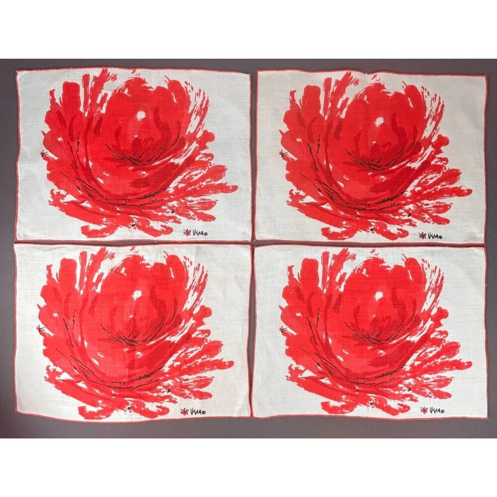 Vintage Vera Neumann Large Red Flower Linen Placemat Set of 4